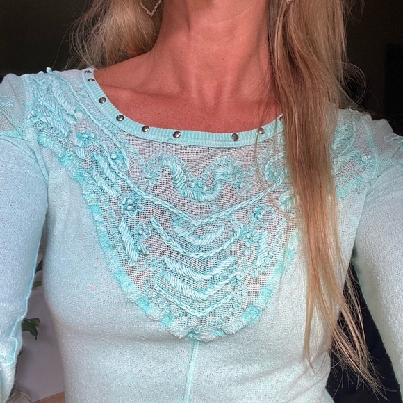 Free People Studded Mesh Aqua Long Sleeve - Picture 9 of 13
